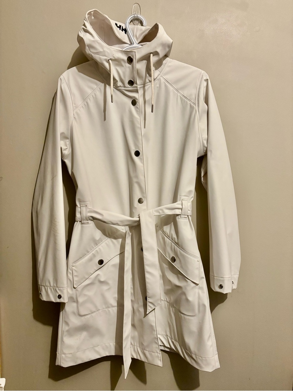 Women’s White Hooded Rain Trench Coat with Belt